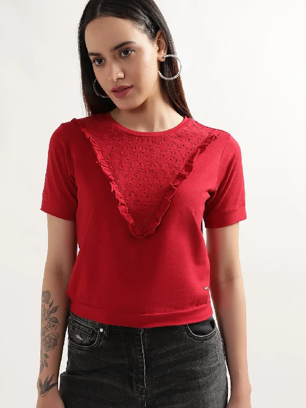 Elle Women Red Solid Round Neck Short Sleeves Top