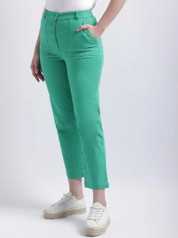 Iconic Women Green Solid Straight Fit Mid-Rise Trouser