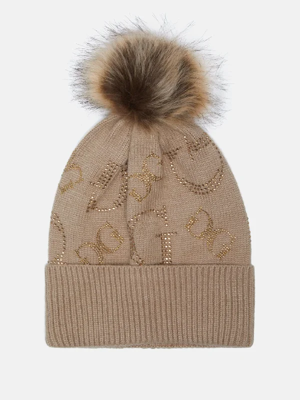 Rhinestone Logo Pom Pom Beanie