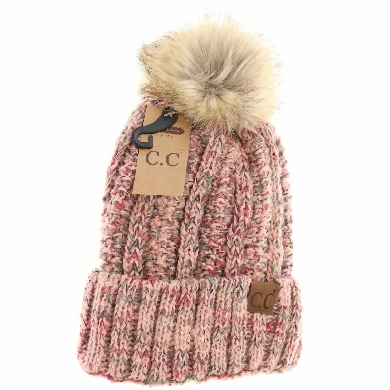 Women's Fuzzy Lined Popcorn Confetti Fur Pom Beanie In Rose Multi