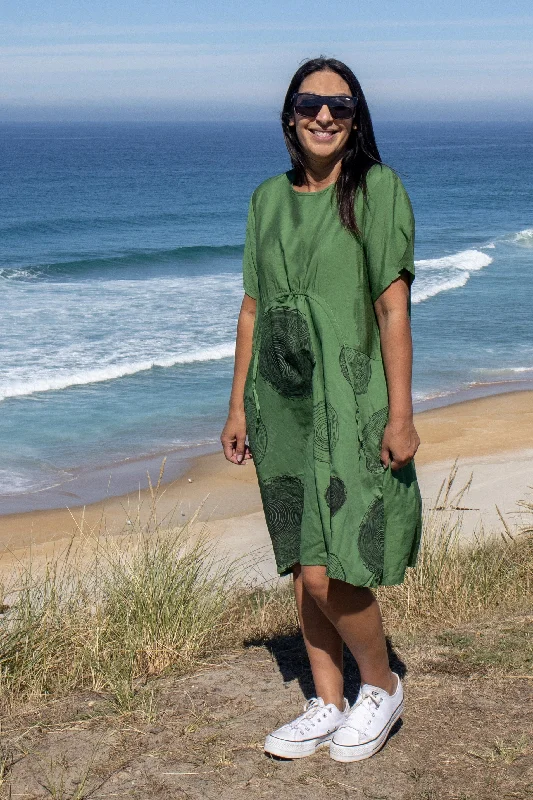 Green - Circle/Curved Front Drawstring Pocket Dress