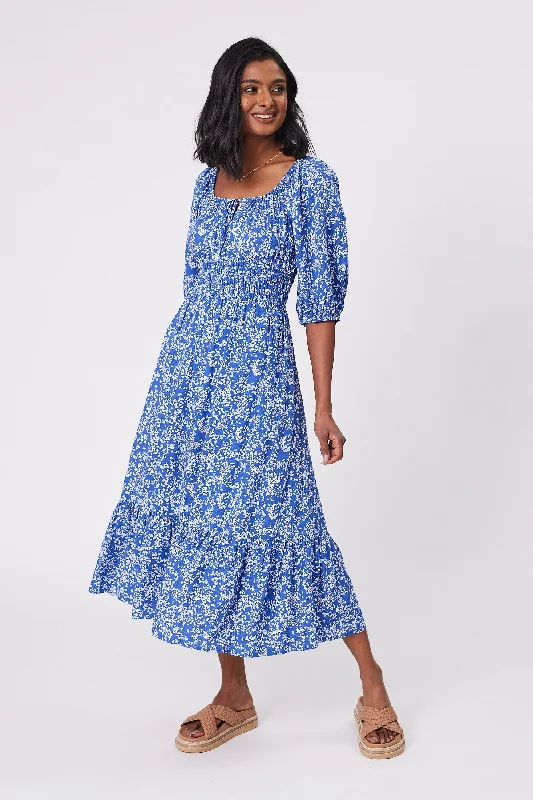 Gloss by Shine On Indira Frill Hem Dress Blue Daisy Print