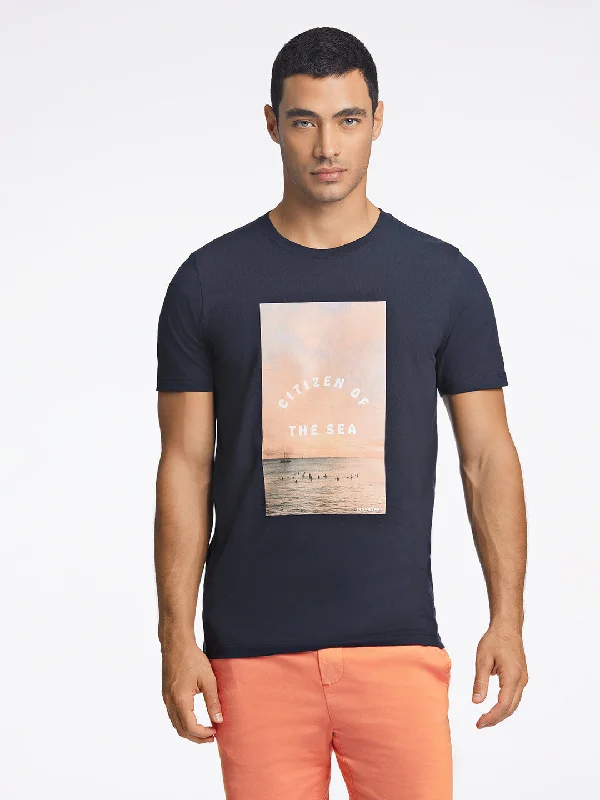 Lindbergh Men Navy Blue Printed Round Neck TShirt