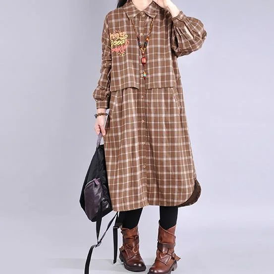 Casual trendy plus size Jackets & Coats outwear chocolate plaid lapel patchwork casual outfit