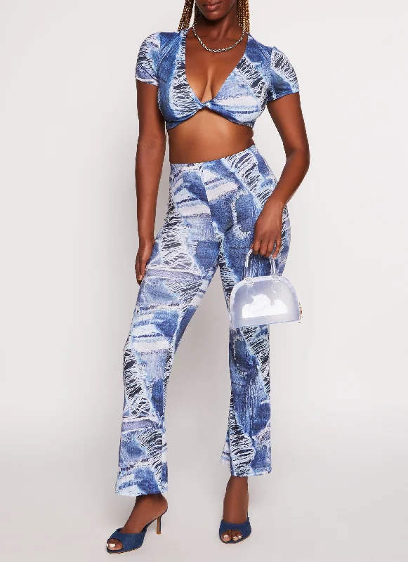 Distressed Denim Print High Waist Flare Pants