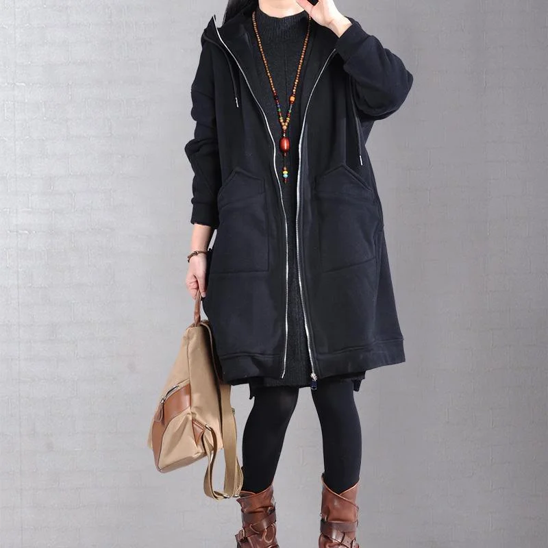 Elegant black zippered coat casual snow jackets two pockets drawstring hooded coats