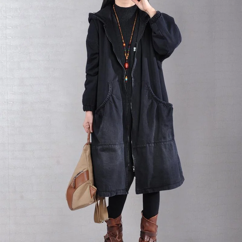 Elegant denim black casual outfit plussize Jackets & Coats two pieces hooded coats