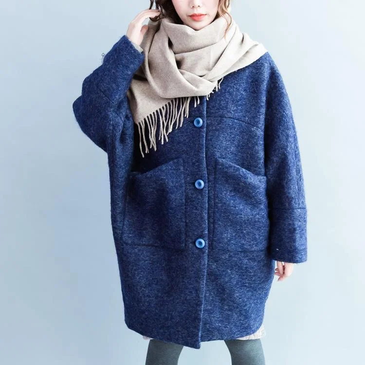 Fashion Blue O-shape Wool Jackets Casual Spring Coats Spring Coats