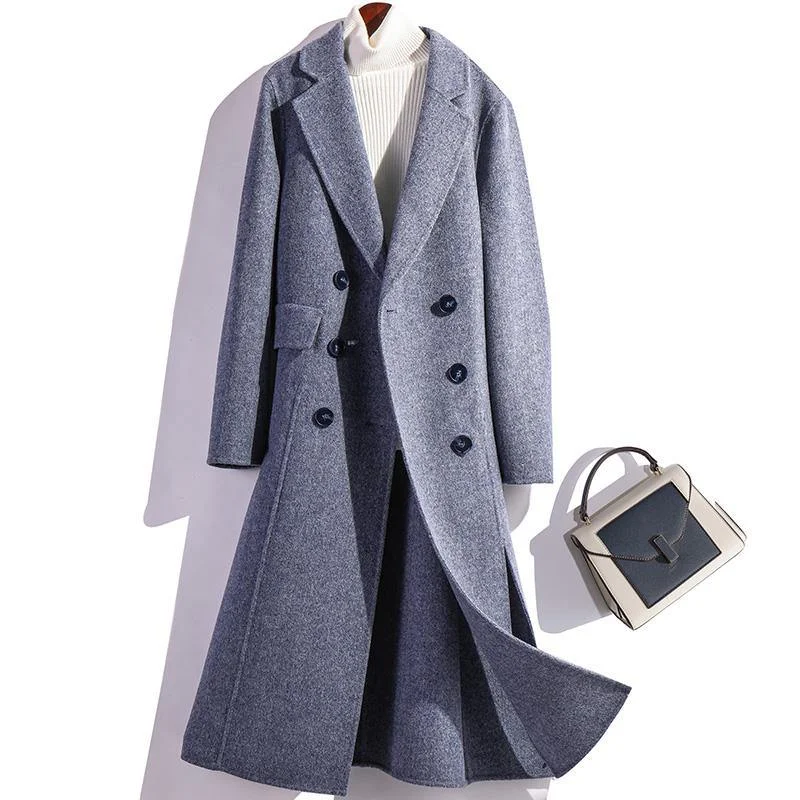 Fashion Blue Wool Coat For Woman Loose Fitting Medium Length Jackets Fall Jacket Double Breast