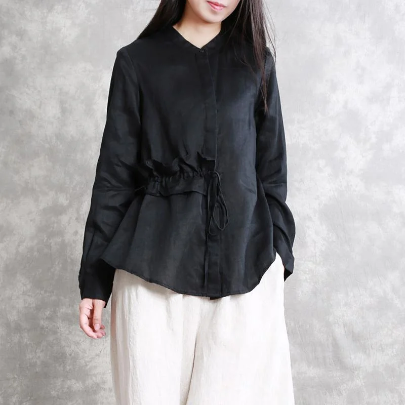 Fine black natural linen t shirt oversized casual cardigans women drawstring stand collar cotton clothing