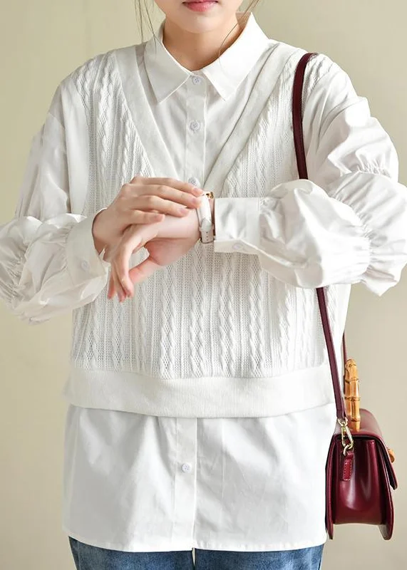 Fine Cinched Peter Pan Collar White Button Down Top