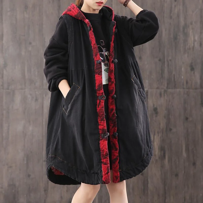 Fine denim black Parkas for women plus size snow jackets hooded Button overcoat