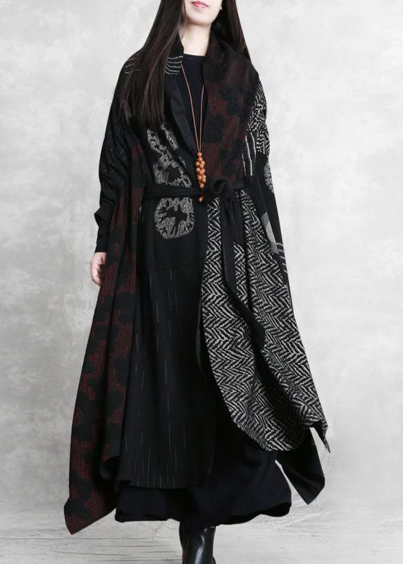 French Black Oversized Patchwork Print Cotton Loose Cardigan Batwing Sleeve