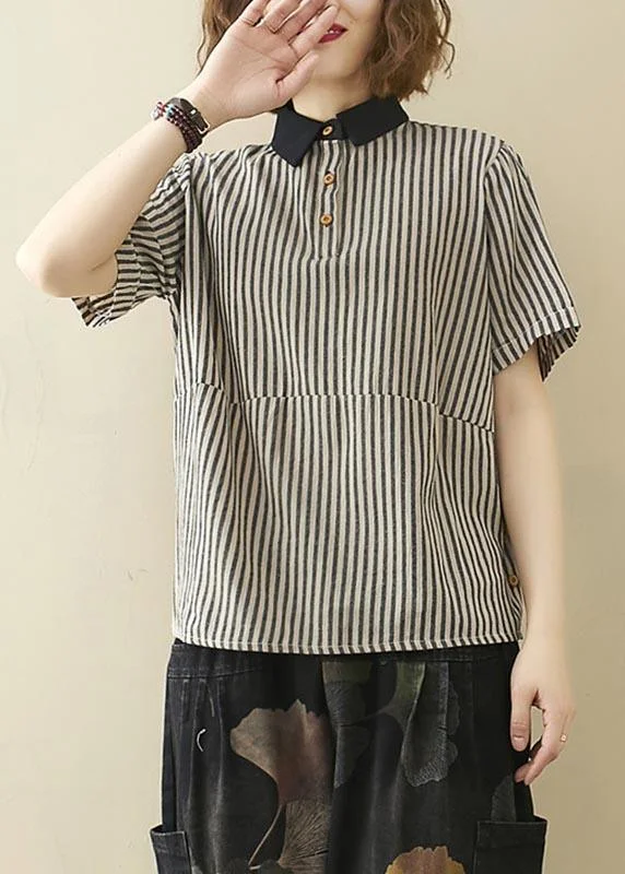 French Black Striped Turn-down Collar Linen Summer Top