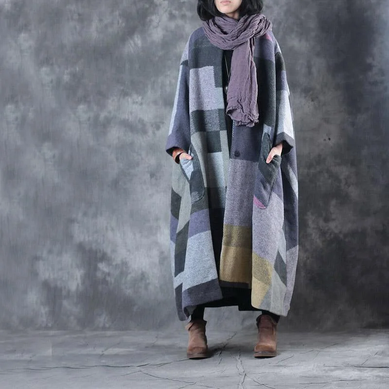 Gray Purple Plaid Coats Oversize Big Hem Jackets & Coats Boutique O-neck Wool Jackets