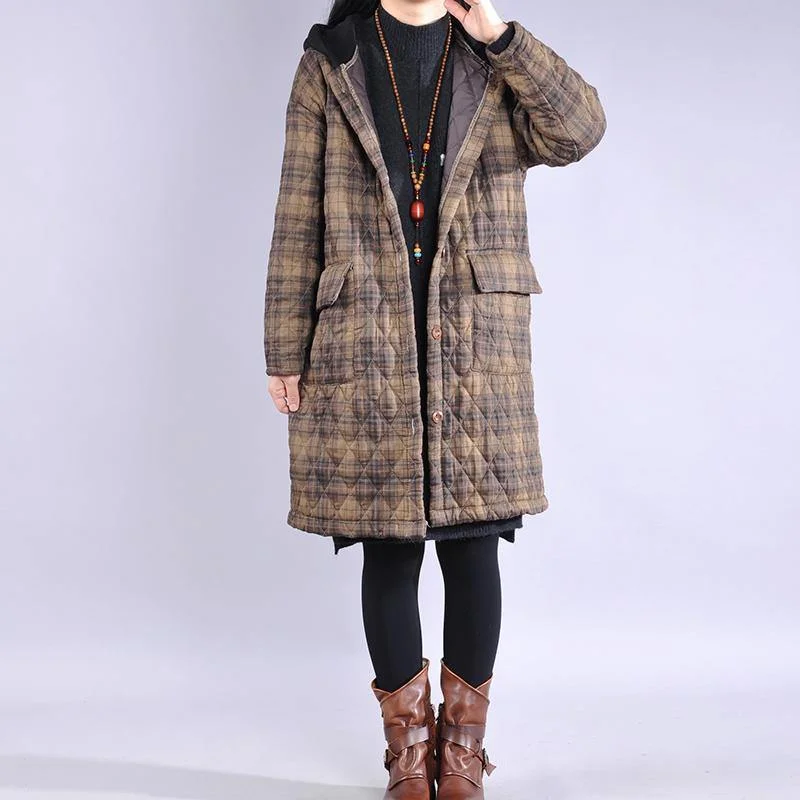 Luxury khaki plaid overcoat plus size clothing snow jackets big pockets hooded winter outwear