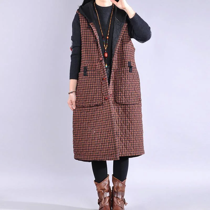 Luxury red plaid womens coats oversized winter jacket hooded sleeveless coats