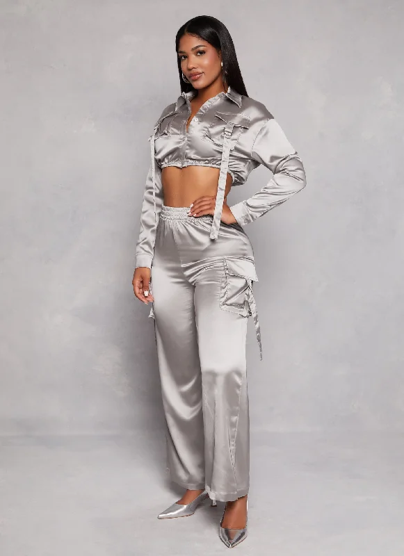 Satin Wide Leg Cargo Pocket Pants