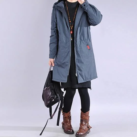 Warm blue zippered winter outwear trendy plus size Jackets & Coats hooded winter outwear