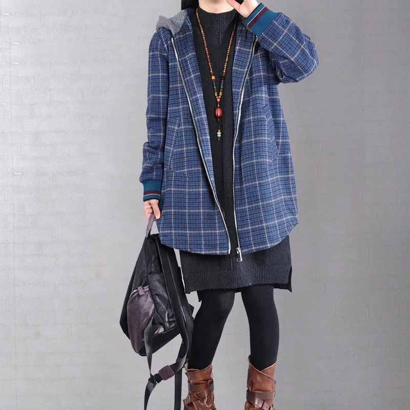 women blue plaid Woolen Coats plus size clothing medium length jackets zippered hooded jacket