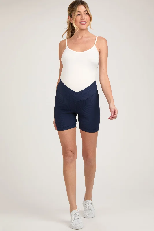 Navy Ribbed Crisscross Maternity Biker Shorts