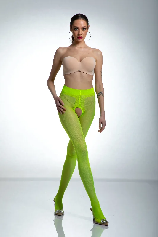 Amour Hip Gloss Crotchless Tights - Fluo Yellow